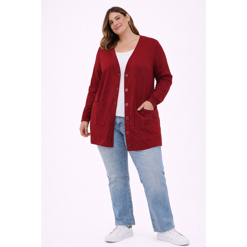 Cable & Gauge Cardigan Women XL Red V-Neck Longline Button Front Sweater‎